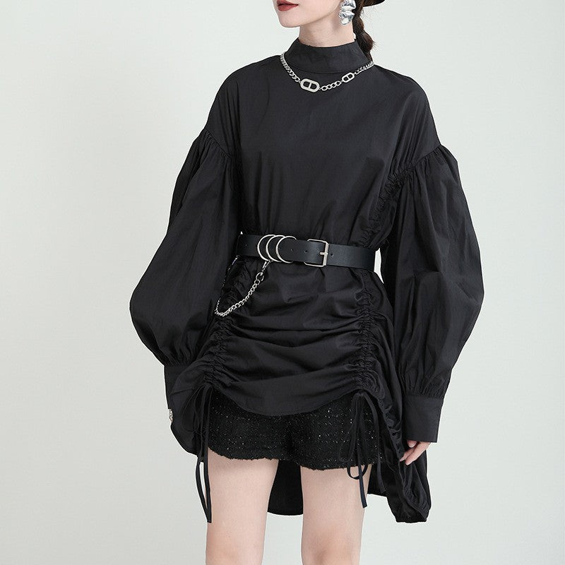 2025 Women Irregular Drawstring Big Size White Blouse New Stand Collar Long Sleeve Shirt Fashion Tide Spring Autumn