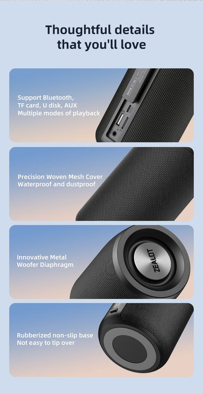 ZEALOT S32 Portable Bluetooth Speaker Mini Wireless HIFI Subwoofer Speaker with fm Radio Column Support TF, TWS, USB Flash Drive