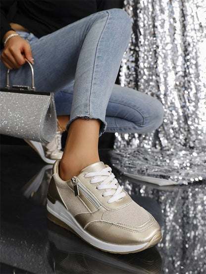 Fashion Thick Bottom Silver Sneakers Women 2025 Spring Wedge Heel Vulcanized Shoes Woman Comfortable Lace Up Sport Sneaker Mujer