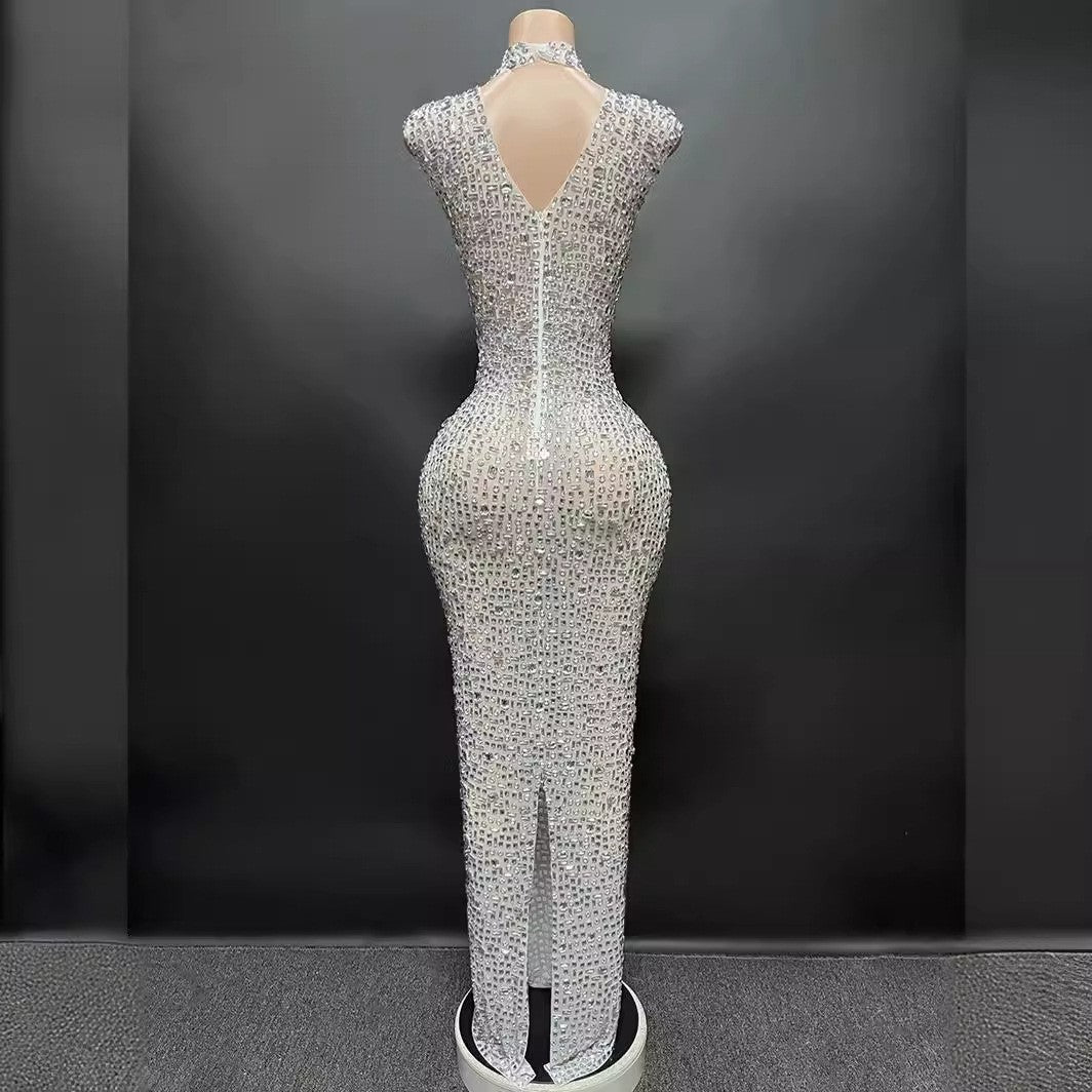 Sexy Full Drill Elastic Slim Fit Sleeveless Long Dress - Hip Wrap, For Host Stage Catwalk & Engagement Evening High-Slit Dresses