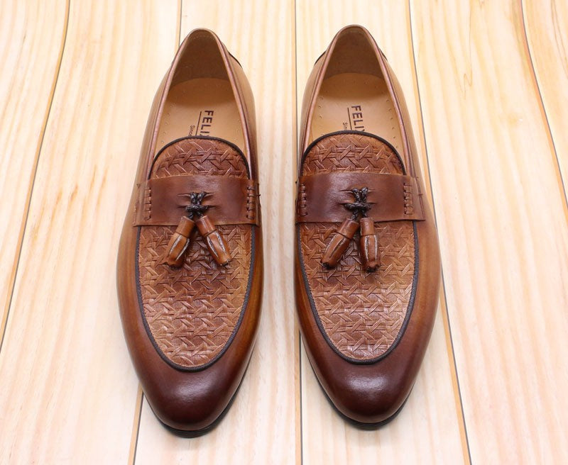 FELIX CHU Men's Genuine Leather Tassel Loafers Italian Luxury Fashion Slip-On Dress Shoes for Parties Weddings Casual Wear