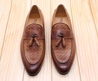 FELIX CHU Men's Genuine Leather Tassel Loafers Italian Luxury Fashion Slip-On Dress Shoes for Parties Weddings Casual Wear