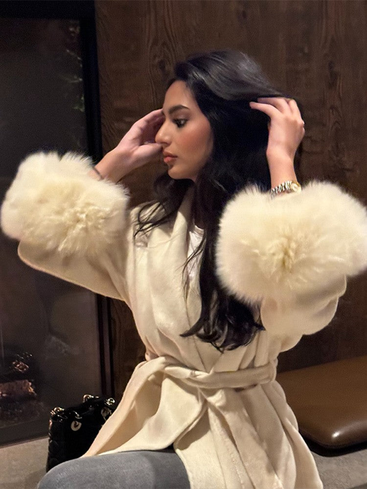 Elegant Faux Fur Cuffs Woolen Coat With Belt For Women Fashion Lapel Long Sleeve Lace Up Maxi Jacket Lady 2025 Autumn Outerwear