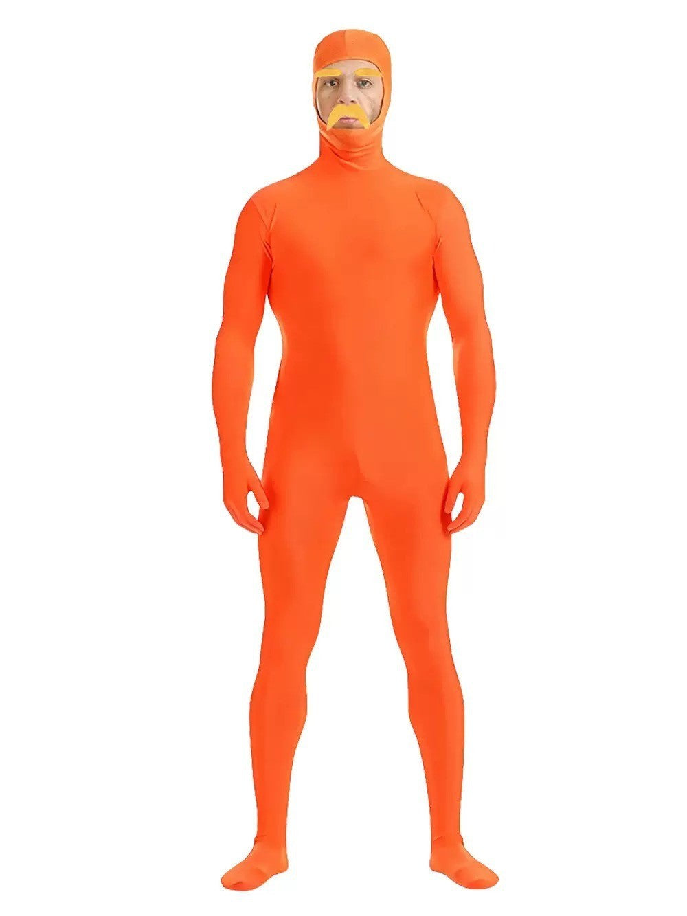Halloween Orange Zentai Suit Open Face Full Body Bodysuit with Yellow Mustache Eyebrow for Adult Kid Cosplay Party Costume