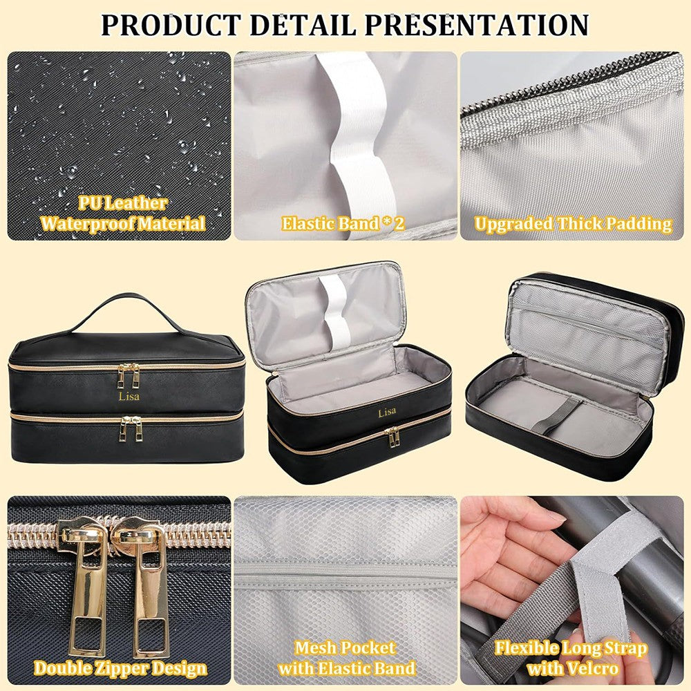 Customized name PU leather double-layer hair dryer storage bag, beauty tool box, hair curler accessories storage box