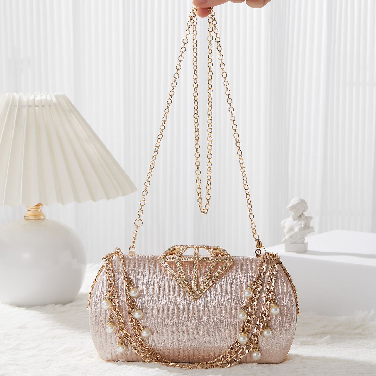 Luxury Evening Clutch Bag for Women With Pearl Decor Diamond Buckle Formal Wedding Handbag Clutch Purse With Chain Dinner Bag