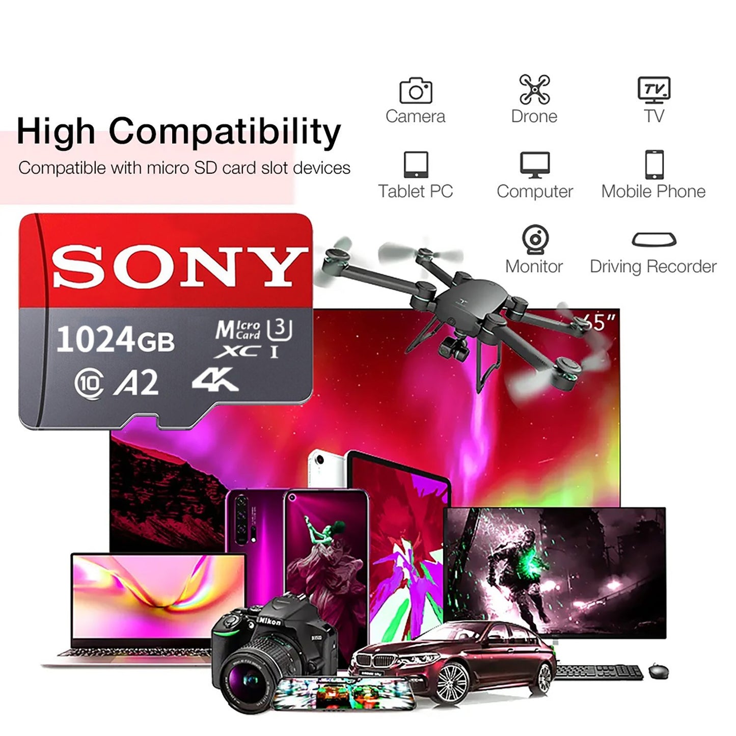 Cartão SD SONY Ultra Micro Mini 1TB 512GB Cartão de memória SD 128GB 256GB A2 U3 V30 Cartões Flash TF para Telefone Computador