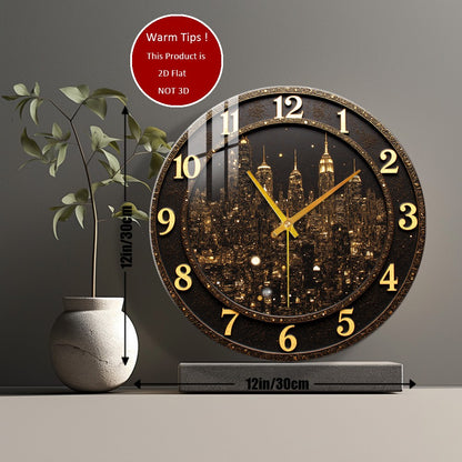 Tempered Glass Wall Clock Golden City Skyline At Night Suitable For Wall Decor or Tabletop Display Anywhere