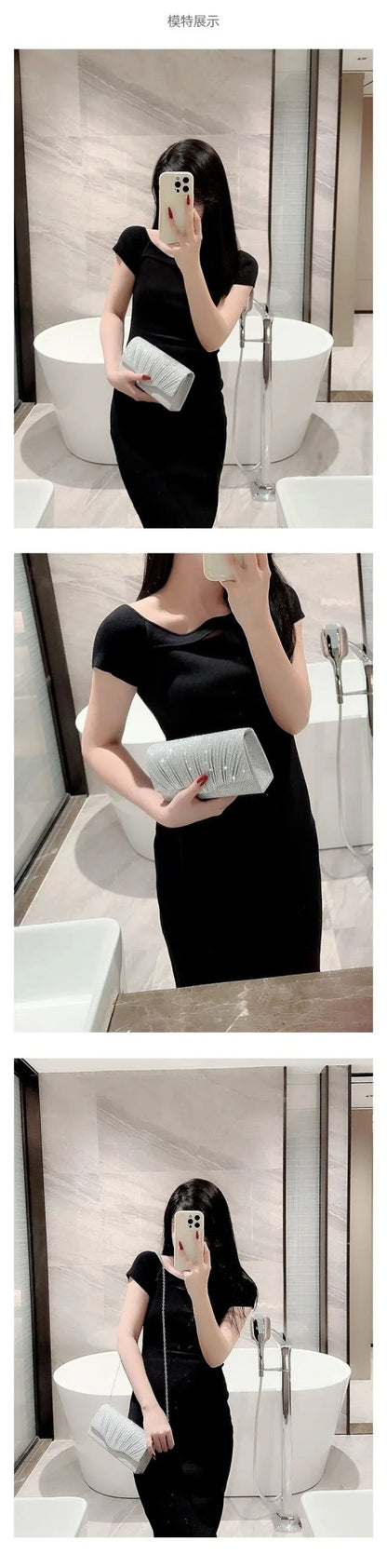 Glitter Ladies Silver Clutch Bag Envelope Evening Bag Fashion Elegant Long Purse Women Chain Shoulder Bags Wedding Party Handbag