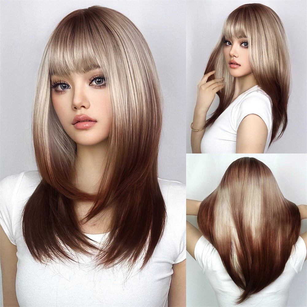 Peruca de cobertura total, peruca rosa gradiente marrom escuro, peruca de cabelo liso com franja, adequada para o role-playing diário feminino,