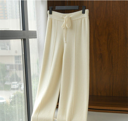Women's High Waist Knit Wide Leg Pants Thermal Fleece Lined Drawstring Trousers in Earth Tones, Fall Winter Comfort Lounge Wear?
