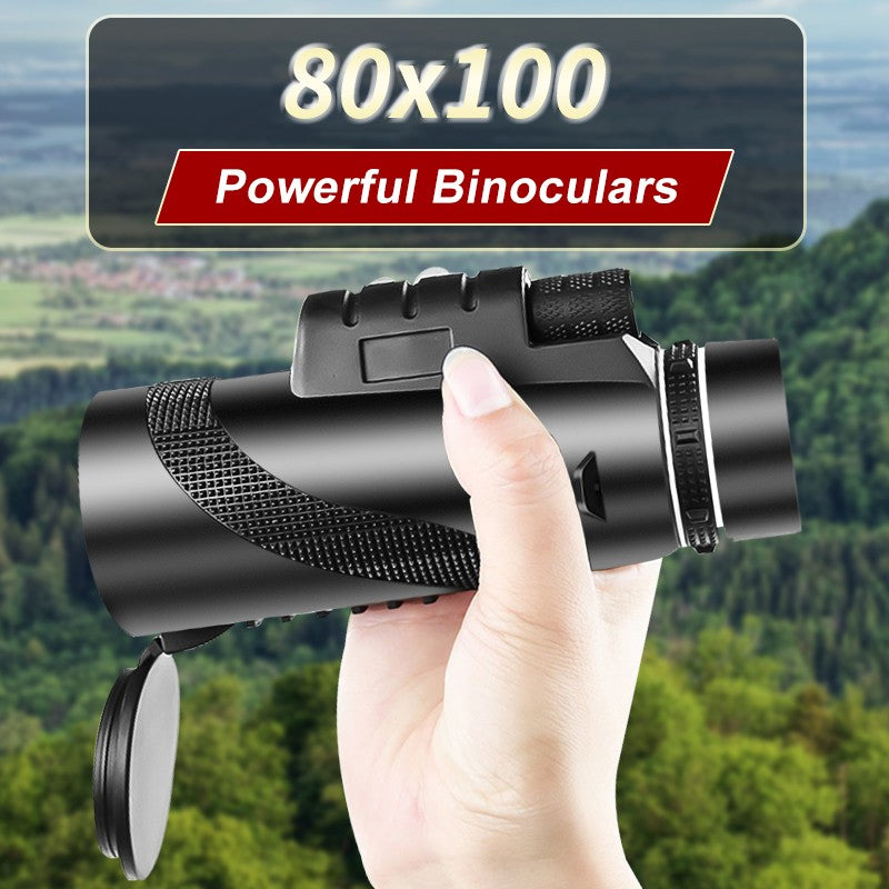 80x100 HD ZOOM Potente Telescópio Monocular Binóculos Portáteis Telescópio de Longo Alcance para Caça e Acampamento com Tripé e Suporte para Celular