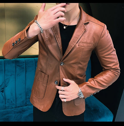 Spring/Autumn Leather Jacket - Plus Size Men's Youth Suit Collar Business Casual Leather Jacket European Sizes XS-3XL