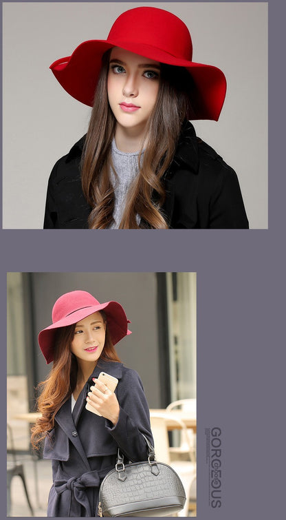 Fashion Winter Fedora Hats for Women Hat Vintage Bowler Jazz Top Cap Felt Wide Brim Floppy Sun Beach Cashmere Church Caps