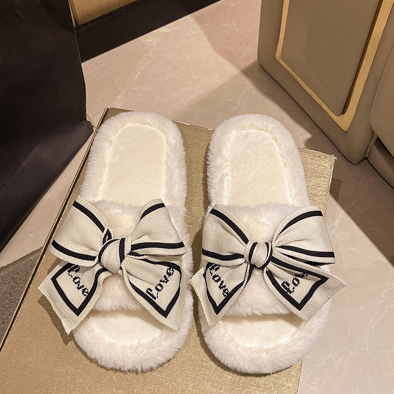 Casual Fluffy Slippers Women House Flats Fashion Winter Bowknot Love Designer Shoes Ladies Home Plush Platform Elegant Footwear