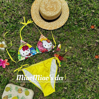 2Pcs Sexy Hot Girls Bikini Swimsuit Suit Y2K Hello Kitty Sanrios Anime Women Kitty Strap Underwear Bra Panties Beach Seaside Spa