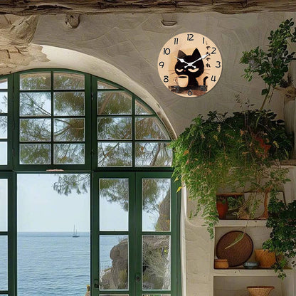Retro Cute Black Cat Drinking Coffee Pattern Wooden Wall Clock Living Room Bedroom Kitchen Home Decoration Wall Clock Silent Quartz Clock Holiday Gift 10 Inches 12 Inches 14 Inches 16inch (Without Batteries)