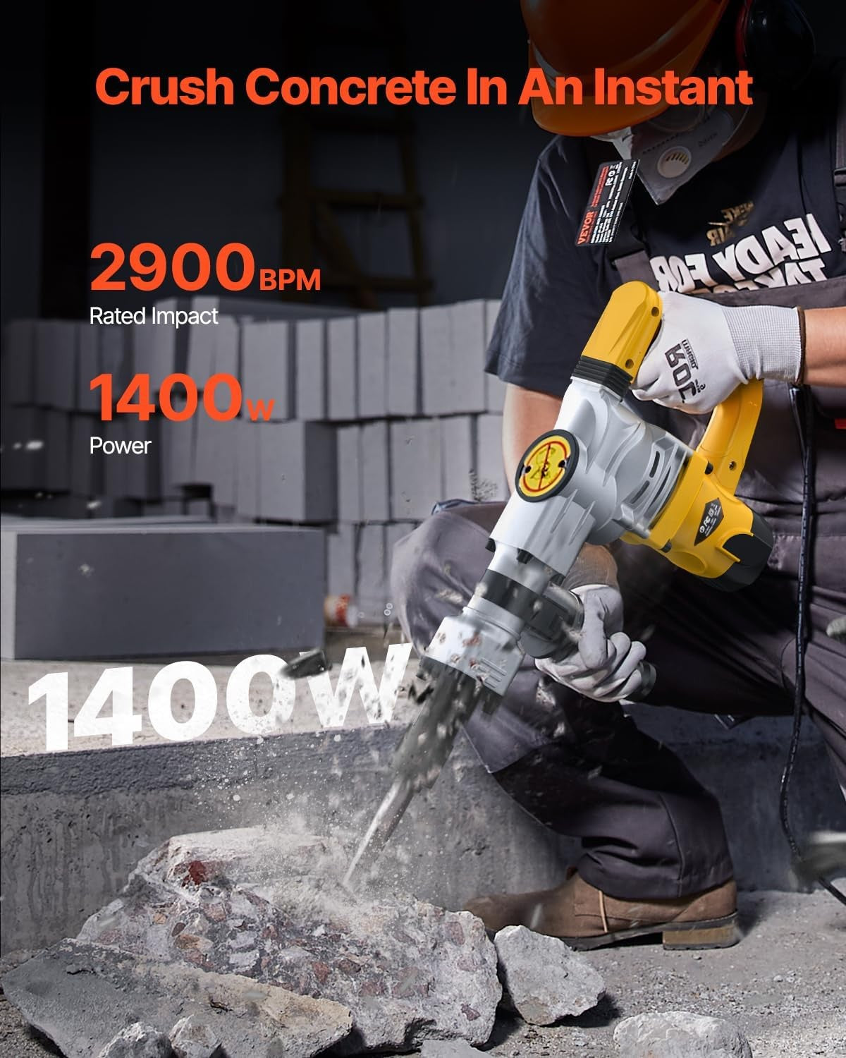 Martelete Demolidor Elétrico 1400W, Rompedor de Concreto 2900 BPM com Cinzéis, Maleta, Luvas e Óculos de Proteção