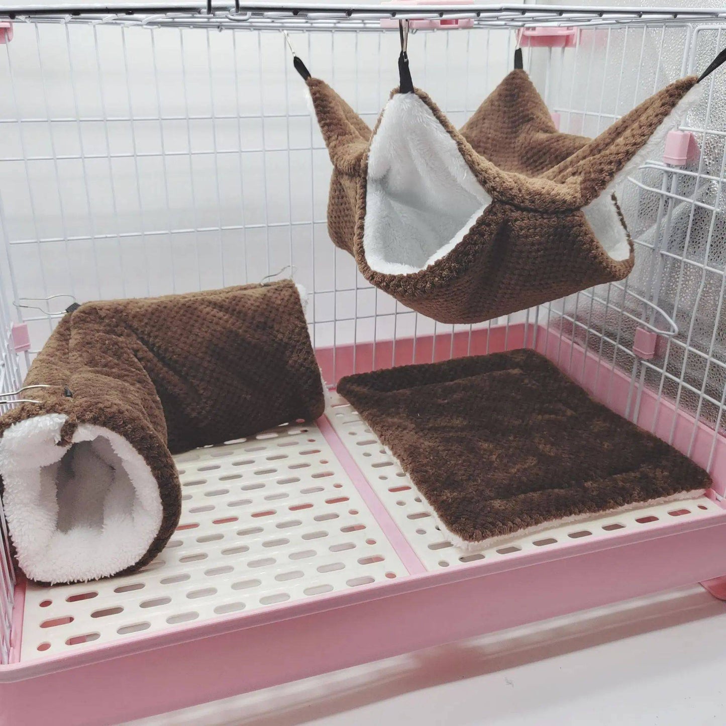 Rede de estimação quente de inverno, rede de hamster de pelúcia espessa de camada dupla, chinchila, porquinho da índia, furão, saco de dormir, gaiola suspensa de hamster