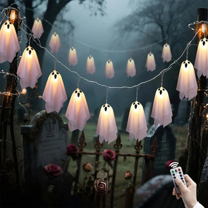 10Pcs LED Spooky Hanging Ghosts Decor, Halloween Ghost String Lights, Battery Operated Light Up Glow Garland for Indoor Outdoor