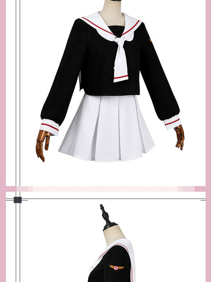 Women Spring Summer Sailor JK Uniform Full Set, Japanese Academy Outfit with Top Pleated Skirt Hat Bow Tie Socks