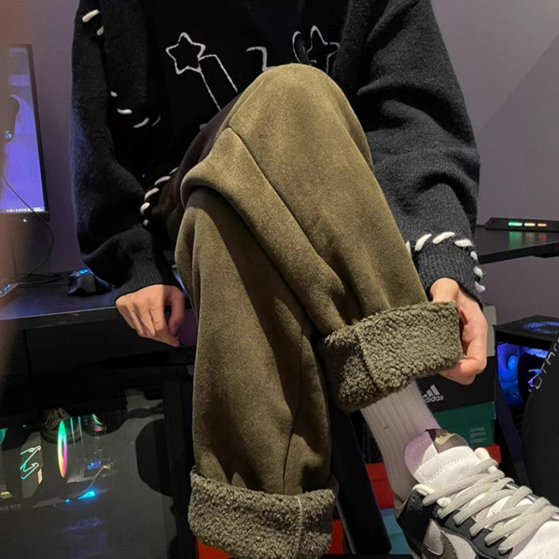 Women's Suede Thickened Straight Leg Pants Korean Style Wide Leg Autumn Winter New Student Fashion Casual Trousers