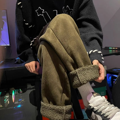 Women's Suede Thickened Straight Leg Pants Korean Style Wide Leg Autumn Winter New Student Fashion Casual Trousers