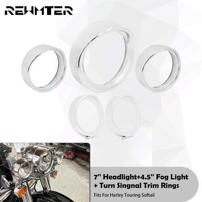 Anel de Acabamento do Farol de 7'' para Motocicleta + Capa de Luz de Neblina de 4.5'' + Anel de Acabamento do Pisca Estilo Visor para Harley Touring Road King Softail