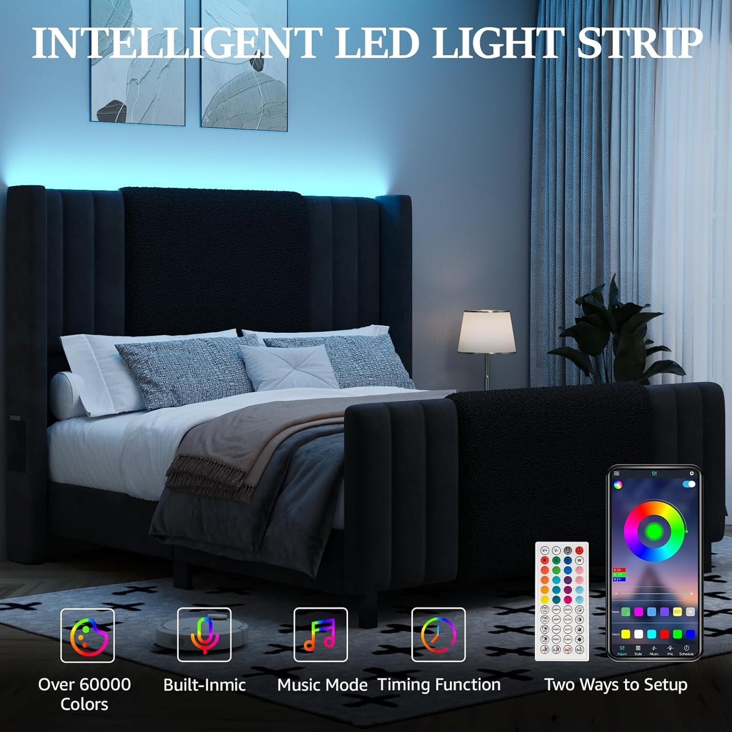 Queen Size Bed Frame with Tall Headboard and Footboard, Boucle and Velvet Upholstered Bed Frame Queen with LED Lights, M