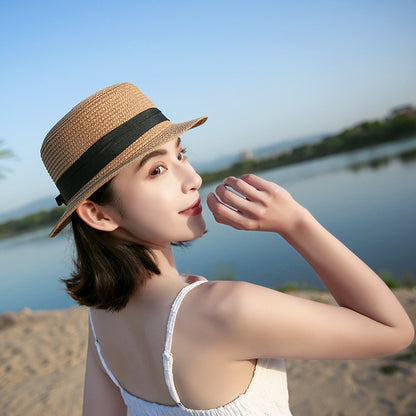 Chapéu Panamá COKK, Simples, de Verão, Praia, Feminino, Casual, Aba Reta, Chapéu de Palha com Laço para Meninas, Chapéu de Sol, Chapéu Feminino