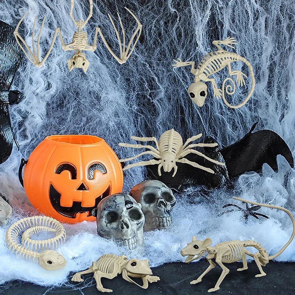 Fake Animal Skeleton Model Halloween Decor Dog Bat Spider Scorpion Cat Skeleton Scary Pendant Props Haunted House Accessories