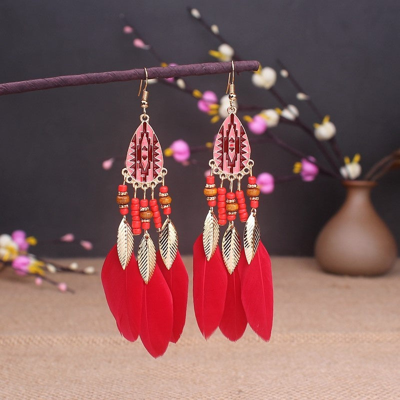 Brincos femininos longos de pena estilo boho, praia, com borla longa, miçangas, flores artesanais esmaltadas, para noiva, casamento, Pendientes Mujer