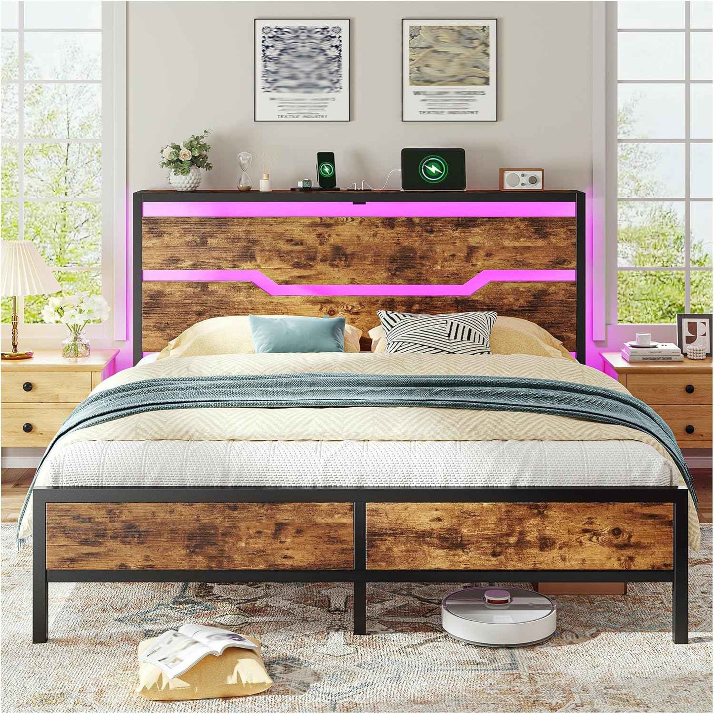 Queen Bed Frame with Headboard,Queen Size Bed Frame with LED Lights & Charging Station & 13" Under Bed Storage, All-Meta