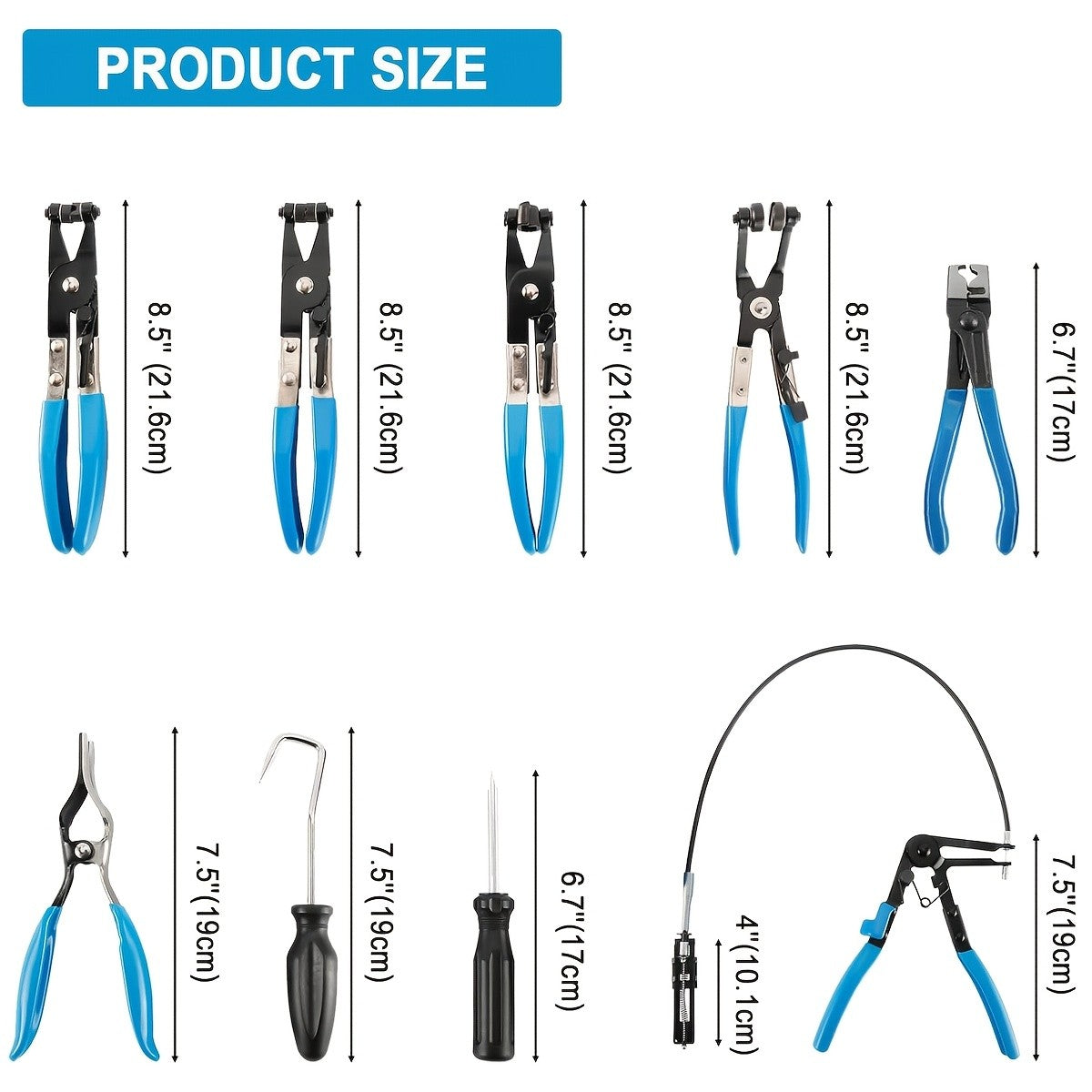 Conjunto de 9 Alicates de Abraçadeira de Mangueira de Longo Alcance para Mangueiras de Combustível, Óleo e Água, Ferramentas Automotivas, Alicates de Abraçadeira de Mangueira para Combustível, Óleo e Água