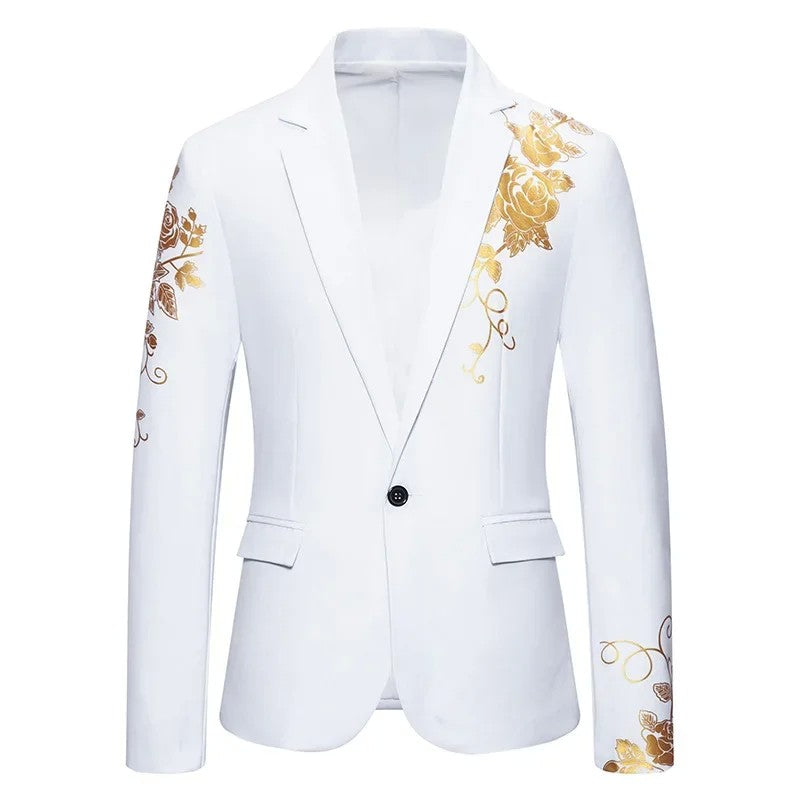 2024 New Men Business Social Suit Loose Jacket Black / White / Royal Blue Fashion Male Wedding Prom Party Rose Printed Blazers
