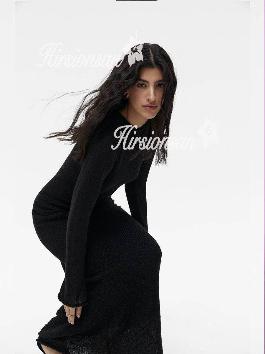 Hirsionsan Spring Autumn O-Neck Elastic Knit Long Dresses Women 2024 Elegant Chi