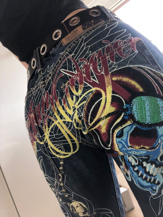 Baggy Wide Leg Y2K 2000s Loose Jeans Embroidered Buddha Casual Denim Pants Harajuku High Waist Straight Jeans Y2k Women Clothing