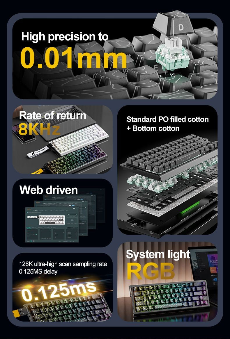 Teclado com Switch Magnético ATTACK SHARK X68HE Com Fio e FREEWOLF F68 Com Fio F68Pro Sem Fio para Jogos Profissionais 8K Hz 0,01mm Gatilho Rápido