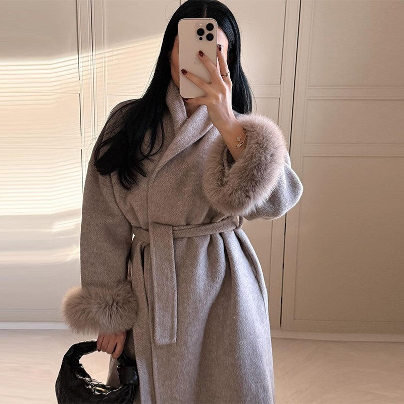 Elegant Faux Fur Cuffs Woolen Coat With Belt For Women Fashion Lapel Long Sleeve Lace Up Maxi Jacket Lady 2025 Autumn Outerwear