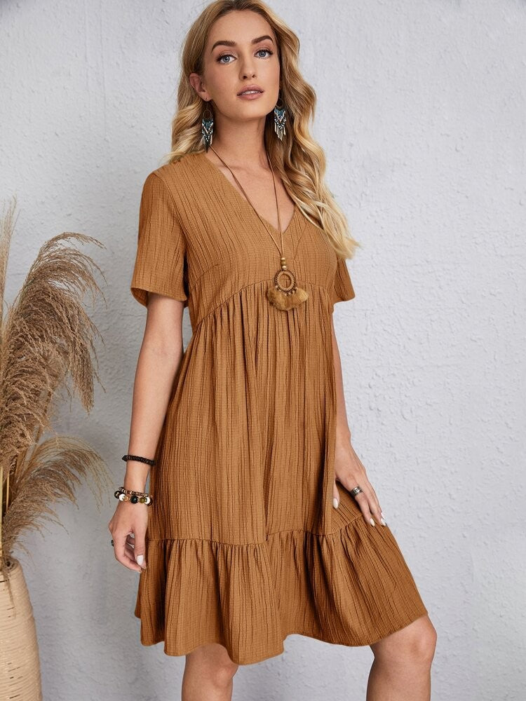 Women Elegant Short Sleeve V Neck Ruffles Dress Summer Casual Solid Loose Mini Dress Chic Bohemian Sundress Beach Party Vestidos