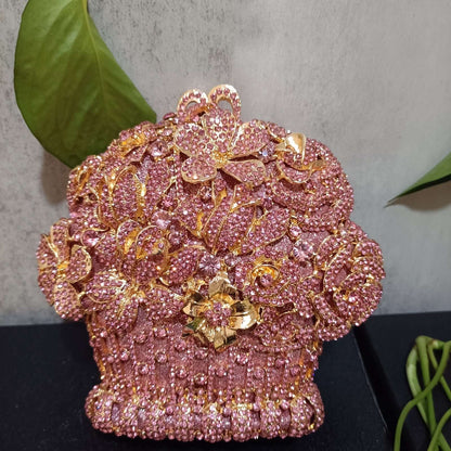 Luxury Women Pink Flower Clutch Bags Stone Evening Bags Bridal Rhinestone Handbags Wedding Clutches Bags Dinner Minaudiere Purse