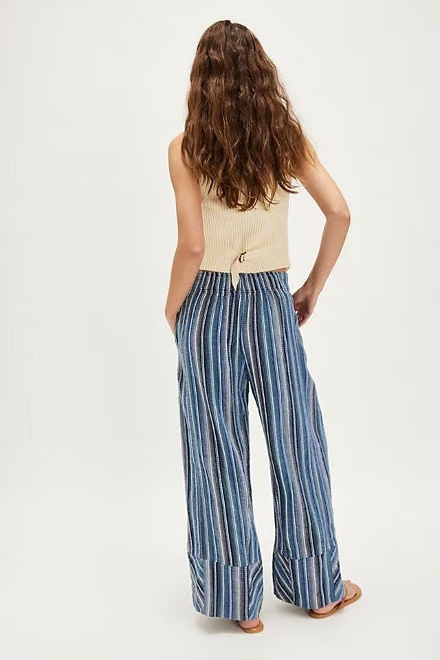 Fashion Printed Striped Wide-leg Long Pants Women's New Spring Autumn Loose Casual High-waisted Slimming Beach Long Pants Female