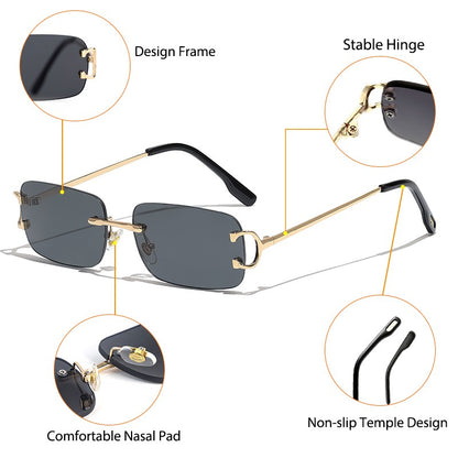 HBK Retro Rimless Sunglasses For Women Men Small Square Gold Frame Brand Design Tea Shades Rectangle UV400 Zonnebril Eyewear