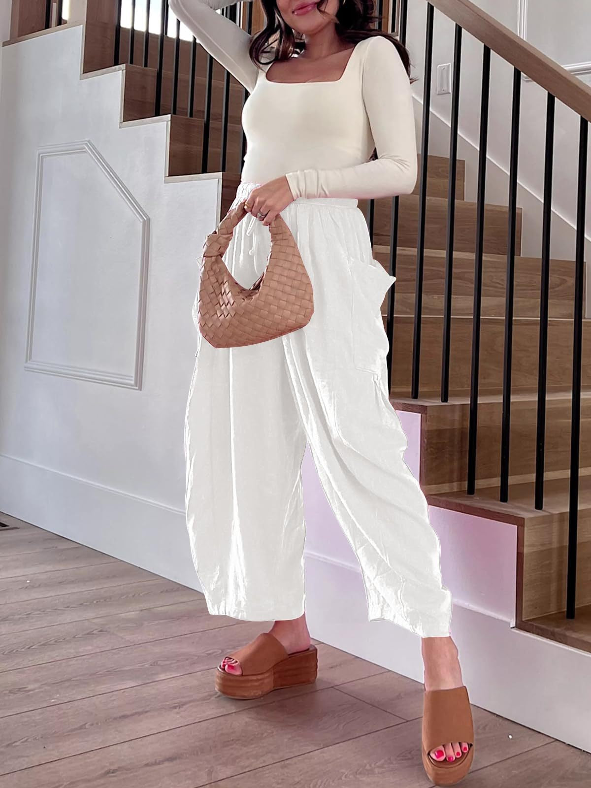 Women's Stretched-waist Pleated High-waisted Wide-leg Trousers Spring Autumn Fashion Cotton Linen Pocket Casual Trousers Woman