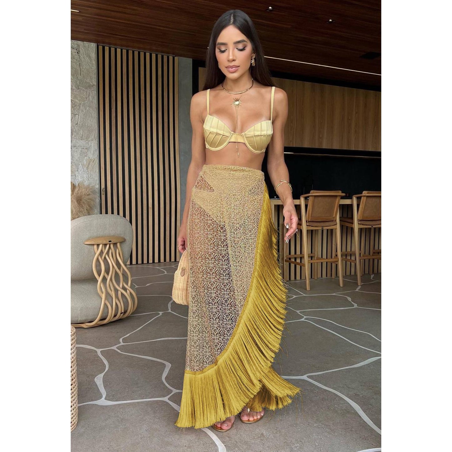 Swimsuit 3 Pcs Set with Tassel Skirt Bikini Women Swimsuit Button High Waist Swimwear Bathing Suit Beachwear Biquini