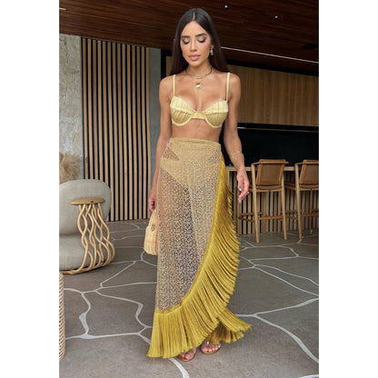 Swimsuit 3 Pcs Set with Tassel Skirt Bikini Women Swimsuit Button High Waist Swimwear Bathing Suit Beachwear Biquini