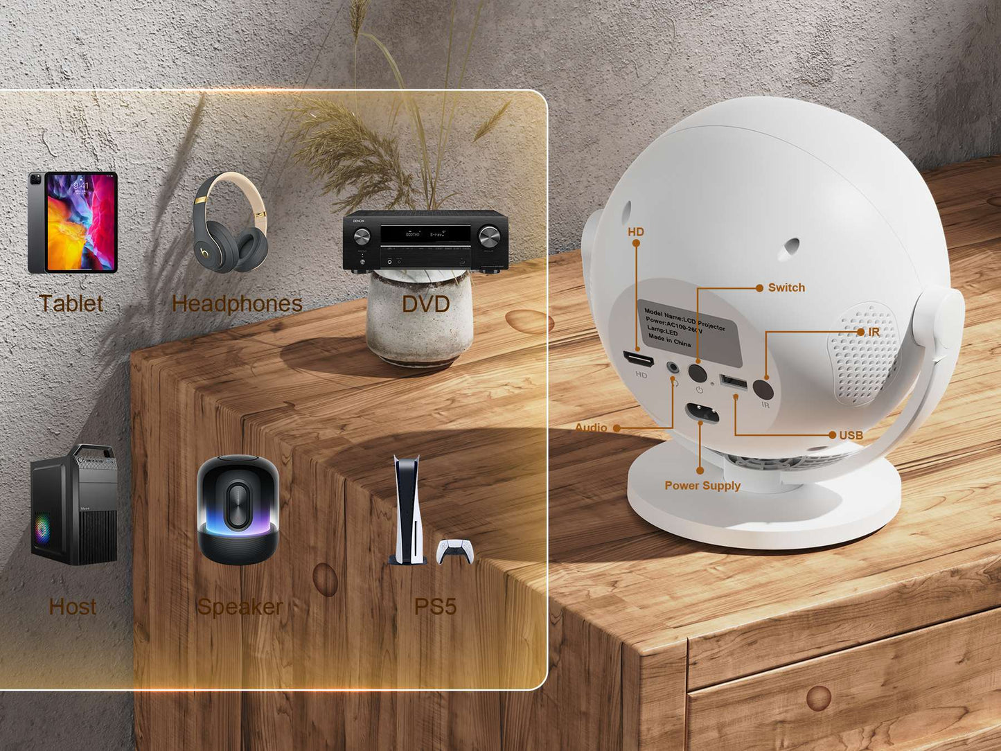 XBJ Spherical Home Theater 4K Projector, Android WiFi 6 BT 5.0 Auto Keystone 360° Rotation Portable Video Projector for Outdoor