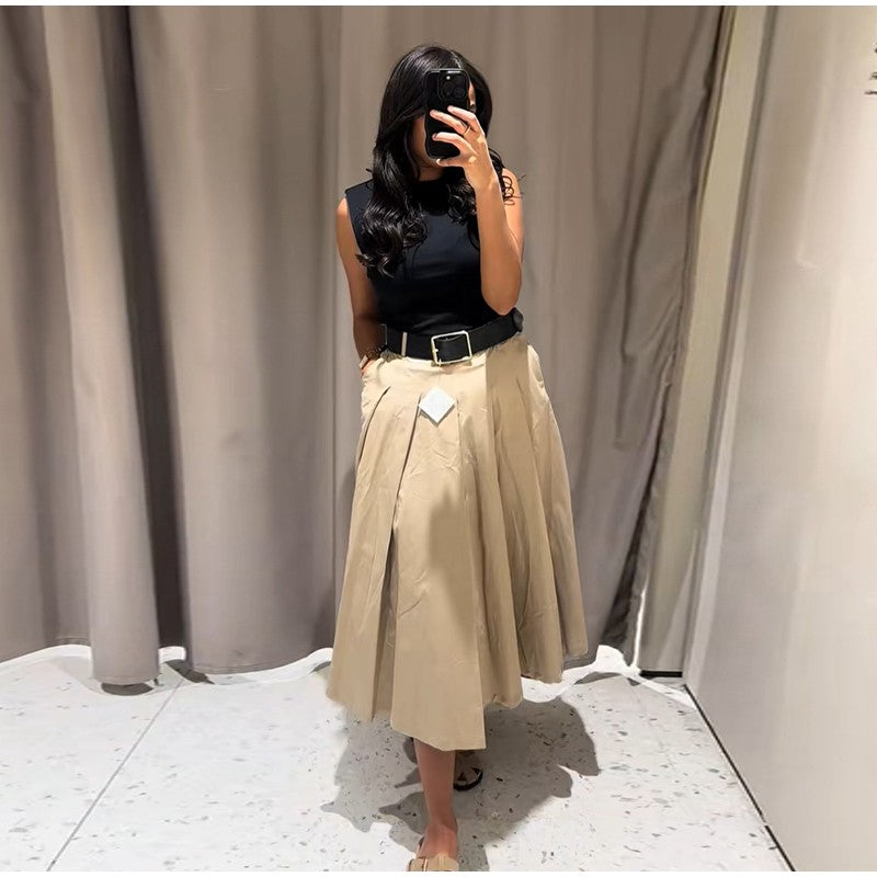 Fashion Patchwork Pleated Long Dress With Belt Women Chic Sleeveless Tank Maxi M