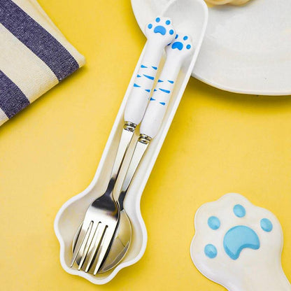 Conjunto de Talheres de Pata de Gato Fofo Garfo e Colher de Aço Inoxidável com Caixa de Armazenamento Louça Talheres Talheres Portáteis para Almoço