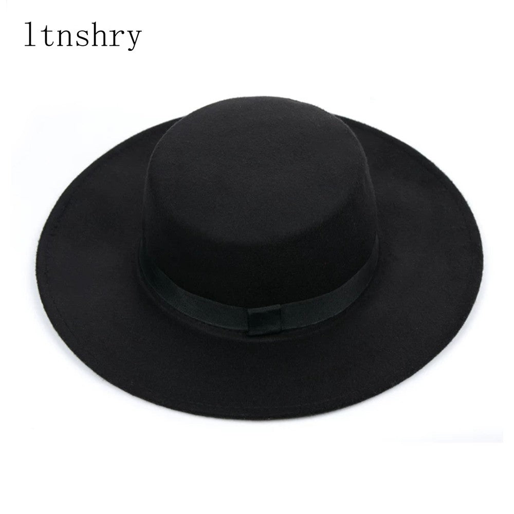 New Classic Solid Color Felt Fedoras Hat Belt for Men Women Blend Jazz Cap Wide Brim Simple Church Derby Flat Top Hat Mujer